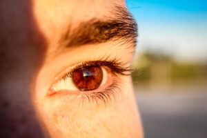 Nahaufnahme eines Augen mit einem warmen, braunen Farbton, das von Sonnenlicht beleuchtet wird. Die Wimpern sind gut sichtbar, und im Auge spiegelt sich ein unscharfes Bild einer Landschaft wider. Der Hintergrund ist unscharf und zeigt einen klaren blauen Himmel.