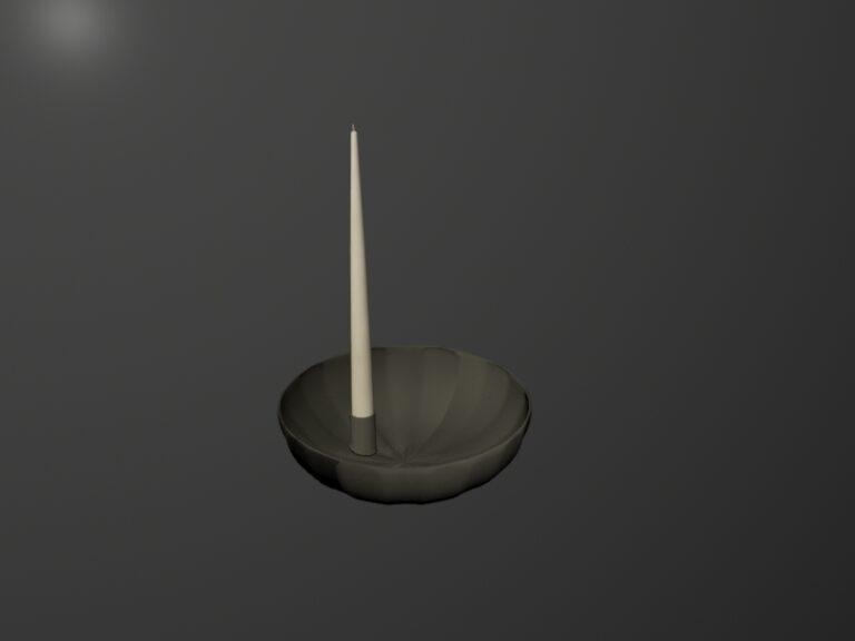 Eine schlichte Kerzenhalterung aus dunklem Material in Form einer flachen Schale mit einem hohen, spitzen Kerzensteg in der Mitte. Der Kerzenhalter hat eine leicht gewellte Oberfläche, die einen eleganten Eindruck vermittelt. Der Hintergrund ist dunkel und sorgt für einen klaren Kontrast zum Kerzenhalter.