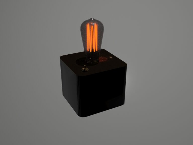 Eine schwarze, quadratische Lampe mit einer glühenden, filamentförmigen Glühbirne, die orange leuchtet. Die Lampe hat eine schlichte, moderne Gestaltung und wirkt elegant. Die Bulbe sitzt in einer runden Öffnung in der Oberseite der Lampe, die eine glitzernde Oberfläche aufweist.
