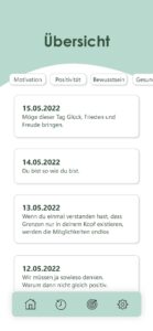 Eine Übersicht von motivierenden Aussagen und Zitaten, die vom 12. bis 15. Mai 2022 datiert sind. Jede Aussage trägt das Datum und ermutigt zu positivem Denken und Selbstakzeptanz. Am unteren Rand befinden sich Symbole für Navigation: Startseite, Zeit, Ziele und Einstellungen.
