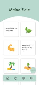 Vier Kästchen mit Zielen: Oben links steht „Jeden Monat ein Buch lesen“ mit einem Buch-Icon. Oben rechts „Mindestens 1,5 l Wasser am Tag trinken“ mit einem Wasser-Icon. Unten links ein Icon mit einem Strand und einer Palme sowie unten rechts ein Icon, das eine Hand mit einer