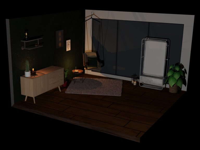 Ein gemütlicher Raum mit dunklen Wänden, der eine entspannende Atmosphäre ausstrahlt. In der linken Ecke steht ein moderner Holztisch mit Schubladen, darauf eine Pflanze und eine Kerze. Auf einem weichen Teppich sitzt ein schwingender Stuhl, daneben ein kleiner Tisch mit einer weiteren Kerze. An