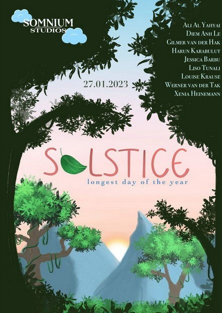 Das Bild zeigt ein farbenfrohes Plakat für eine Veranstaltung mit dem Titel „SOLSTICE – longest day of the year“. In der Mitte steht das Wort „SOLSTICE“ in großen, auffälligen Buchstaben. Darüber sind die Namen von beteiligten Personen aufgelistet: Ali Al. Yahyai, Diem Anh Le