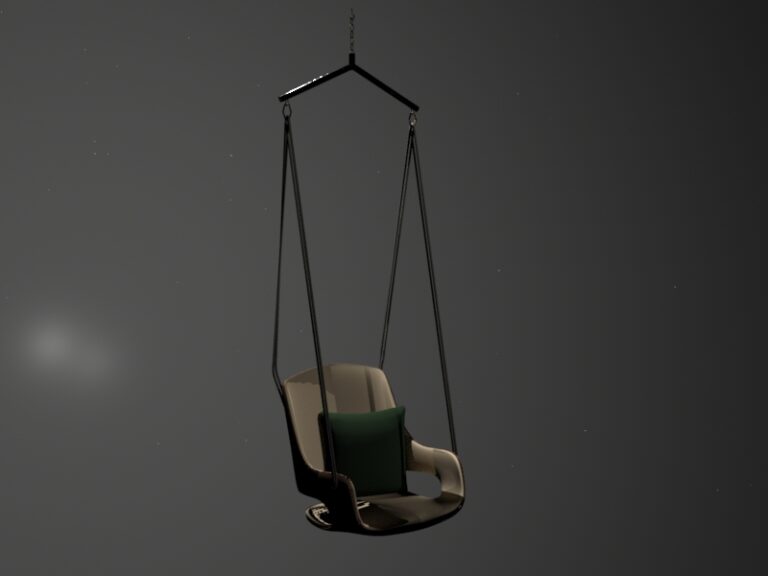 Ein hängender Stuhl in einem minimalistischen Design, der mit zwei schwarzen Seilen von einer oben angebrachten Halterung herunterhängt. Der Stuhl ist in neutralen Farben gehalten und hat ein grünes Kissen, das ihm einen farblichen Akzent verleiht. Der Hintergrund ist dunkel und wolkenlos, was