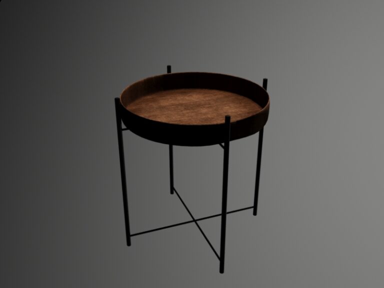 Ein runder Beistelltisch mit einer ebenfalls runden Platte aus Holz und einem schlichten, schwarzen Metallgestell. Der Tisch hat eine minimalistische, moderne Form und eine glatte Oberfläche. Die Beine sind gerade und führen zu einer stabilen Struktur.